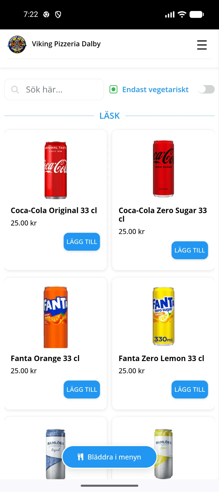 Order4U meny med pizzor och priser i mobilen
